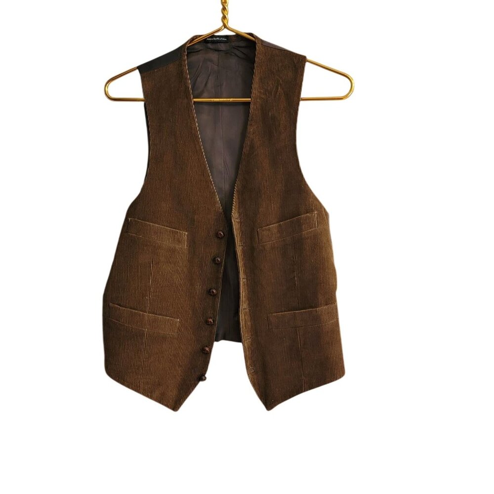 Vtg Unisex Brown Corduroy Vest With Pockets & Adjustable Back Strap